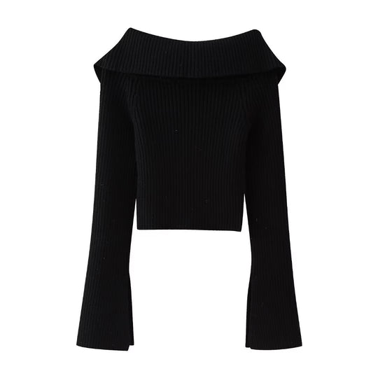 Damen Kurz geschnittene Rippenstrick-Jacke mit weitem Carmenkragen und durchgehendem Reißverschluss Shop Nory