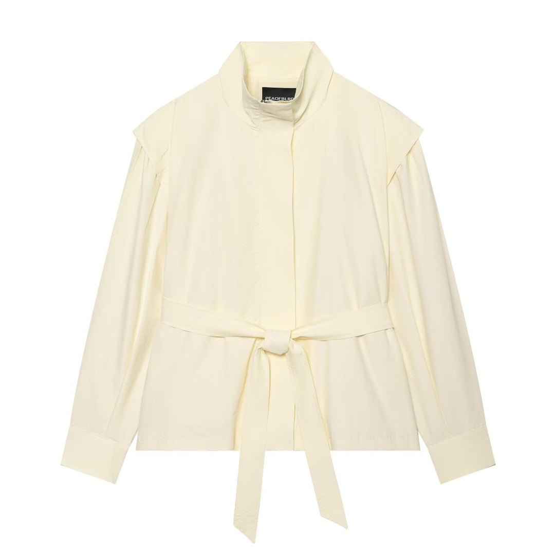Damen Leichte Taillierte Jacke mit Stehkragen, Bindegürtel und Cape-Ärmeldetail Shop Nory