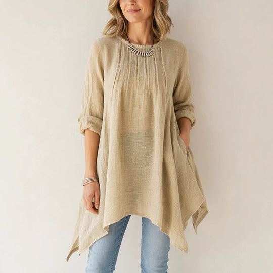 Damen Lässige Tunika-Bluse mit asymmetrischem Saum, feiner Waffelstruktur und Kellerfalten Shop Nory