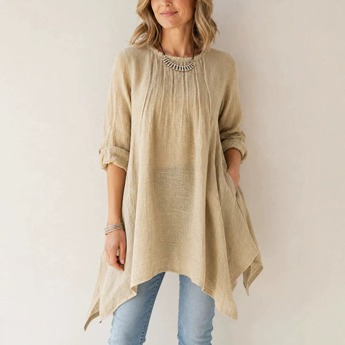 Damen Lässige Tunika-Bluse mit asymmetrischem Saum, feiner Waffelstruktur und Kellerfalten Shop Nory