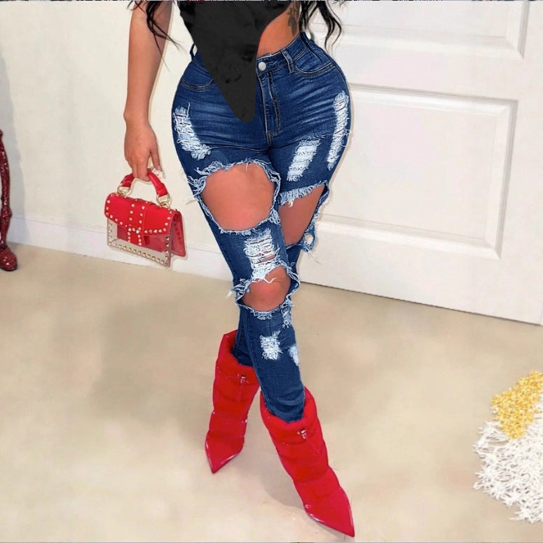 Damen hochtaillierte Skinny-Jeans mit XXL-Knieausschnitten, stark zerrissener Used-Optik und sculptendem Schnitt Shop Nory