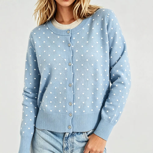Damen Gepunktete Feinstrick-Cardigan mit Rundhals und Rippbündchen Shop Nory