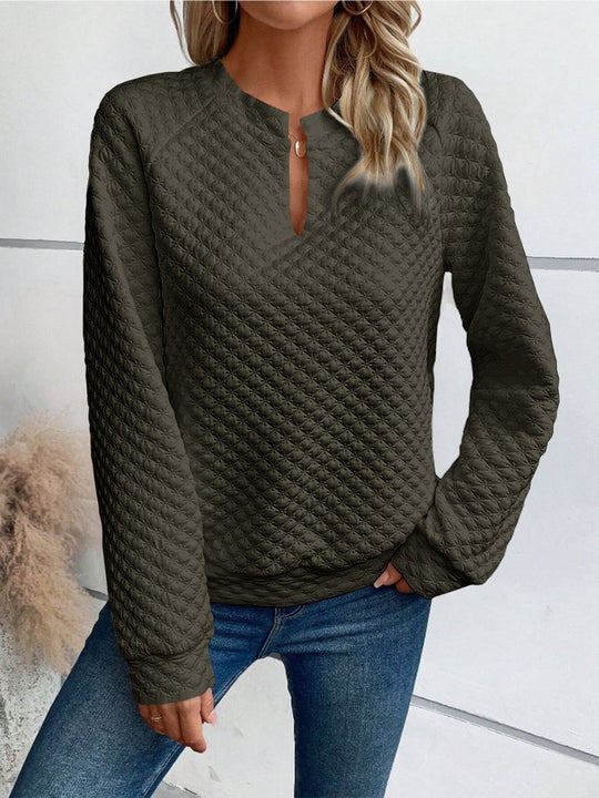 Damen Gestepptes Sweatshirt mit Schlitzkragen, Rautenstruktur und Raglanärmeln Shop Nory