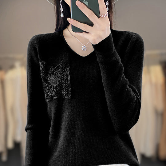 Damen Kaschmir‑Optik V‑Ausschnittpullover mit floraler Häkelapplikation Shop Nory