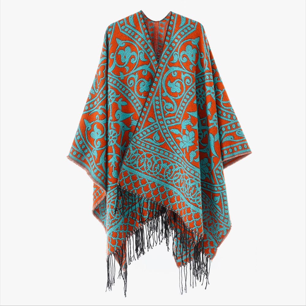 Damen Jacquard-Überwurf mit orientalischem Ornamentmuster und Fransensaum Shop Nory