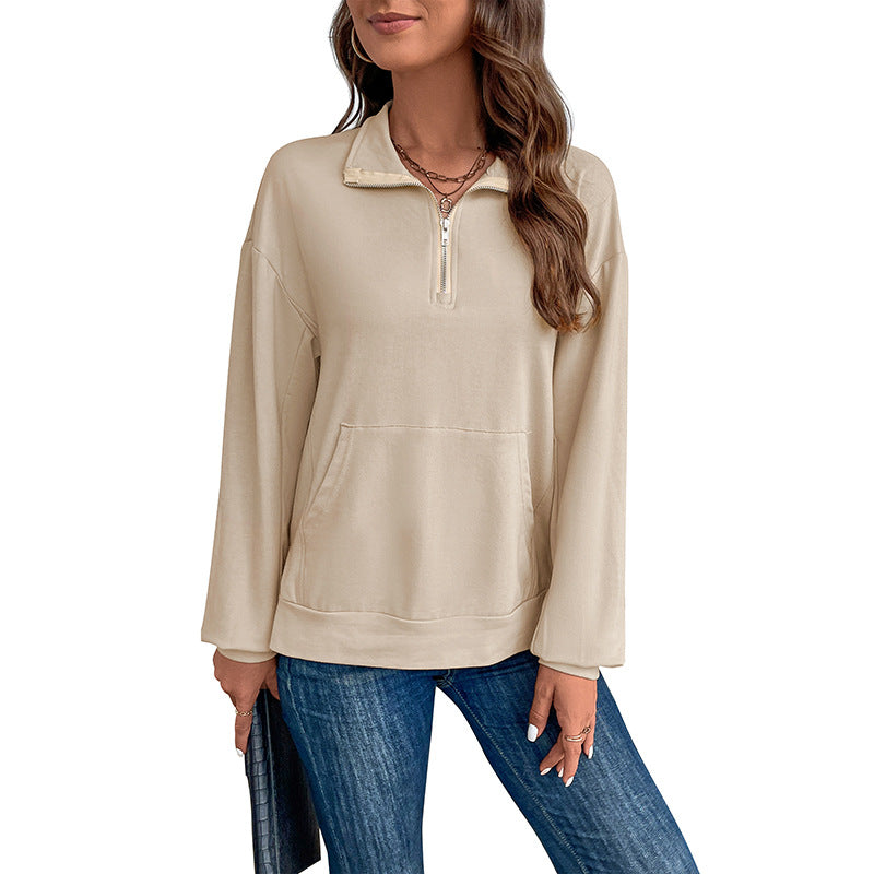 Damen Leichtes Halbzip-Sweatshirt im Relaxed-Fit mit Kängurutasche und Stehkragen Shop Nory