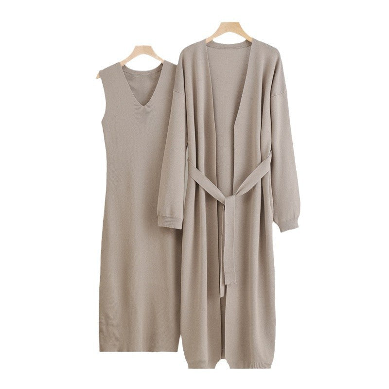 Damen 2-teiliges Kleid und Cardigan-Set mit V-Ausschnitt