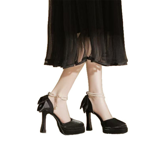 Damen Satin-Plateau-Pumps mit dekorativer Schleife und verstellbarem Knöchelriemen Shop Nory