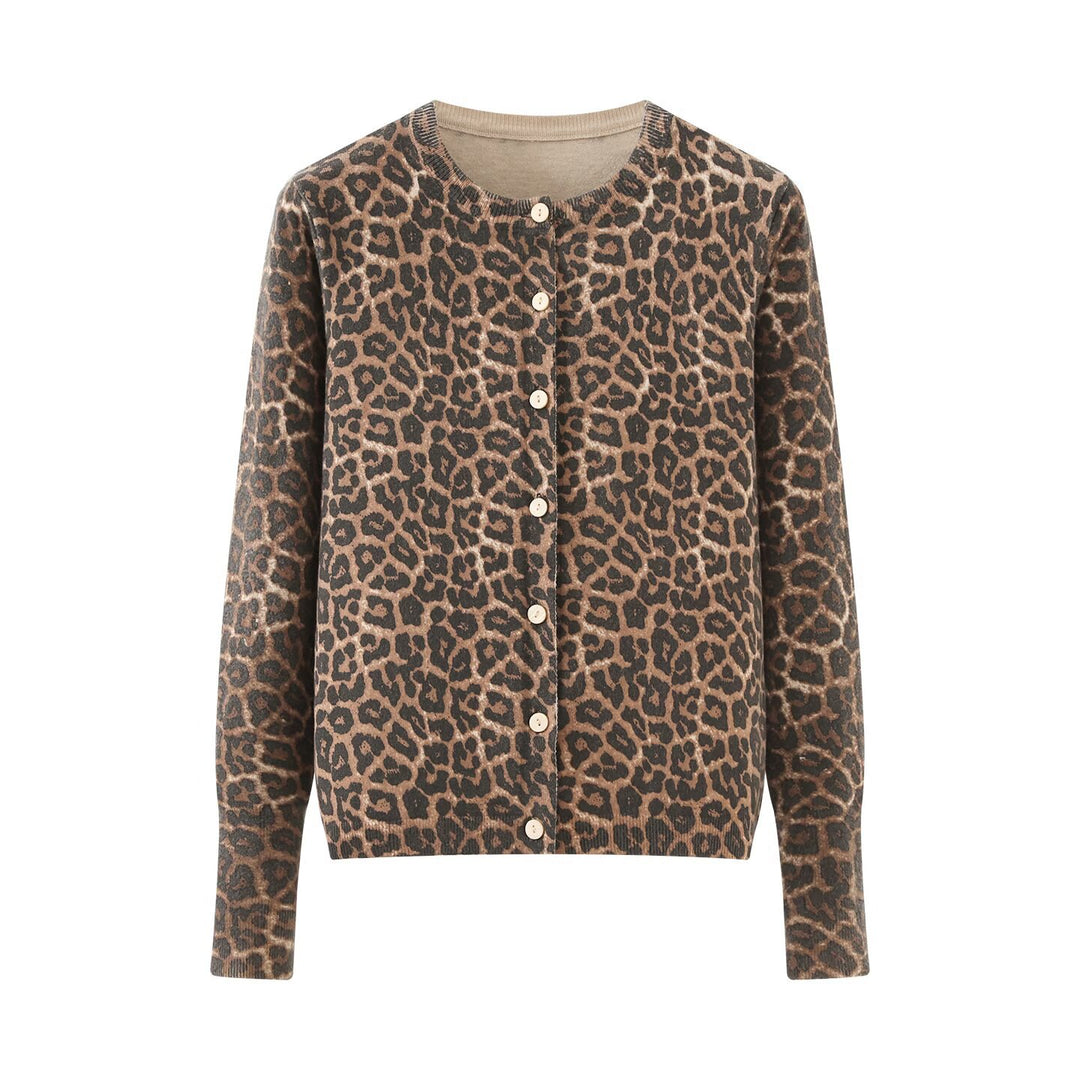 Damen Feinstrick-Cardigan mit Leoprint, Rundhals und durchgehender Knopfleiste Shop Nory
