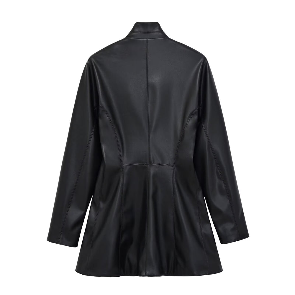 Damen Langer doppeltreihiger Blazer‑Mantel aus veganer Lederoptik mit Schalkragen Shop Nory