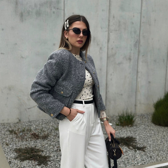 Damen Boxy Wollmix-Boucléjacke im Cabanstil mit Rundhalsausschnitt & goldfarbenen Zierknöpfen Shop Nory