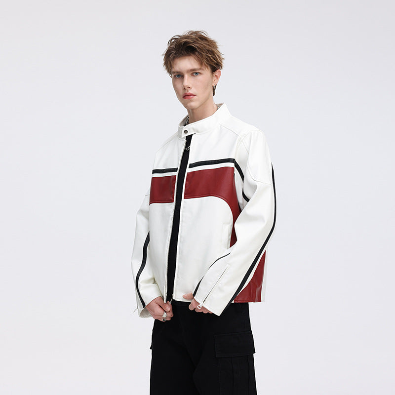 Herren Kontrast-Kunstleder-Bikerjacke mit Stehkragen und Zip-Ärmeln Shop Nory