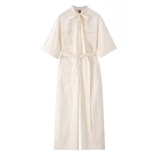 Damen Overall mit Schleifenkragen, Taillengürtel und weitem Bein Shop Nory