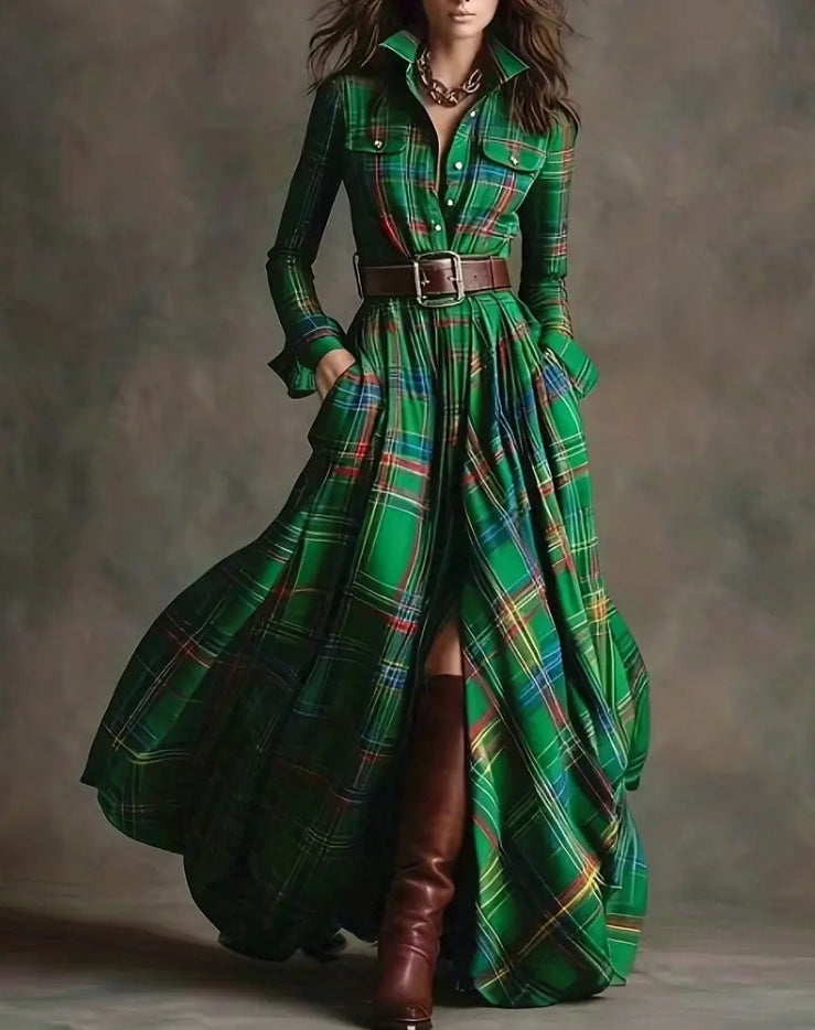 Damen nan karierte Maxikleid Hemdblusenkleid mit ausgestelltem Rock und breitem Taillengürtel Shop Nory