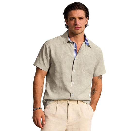 Herren nan Business-Casual Kurzarmhemd mit gestreiftem Kragenfutter und Brusttasche