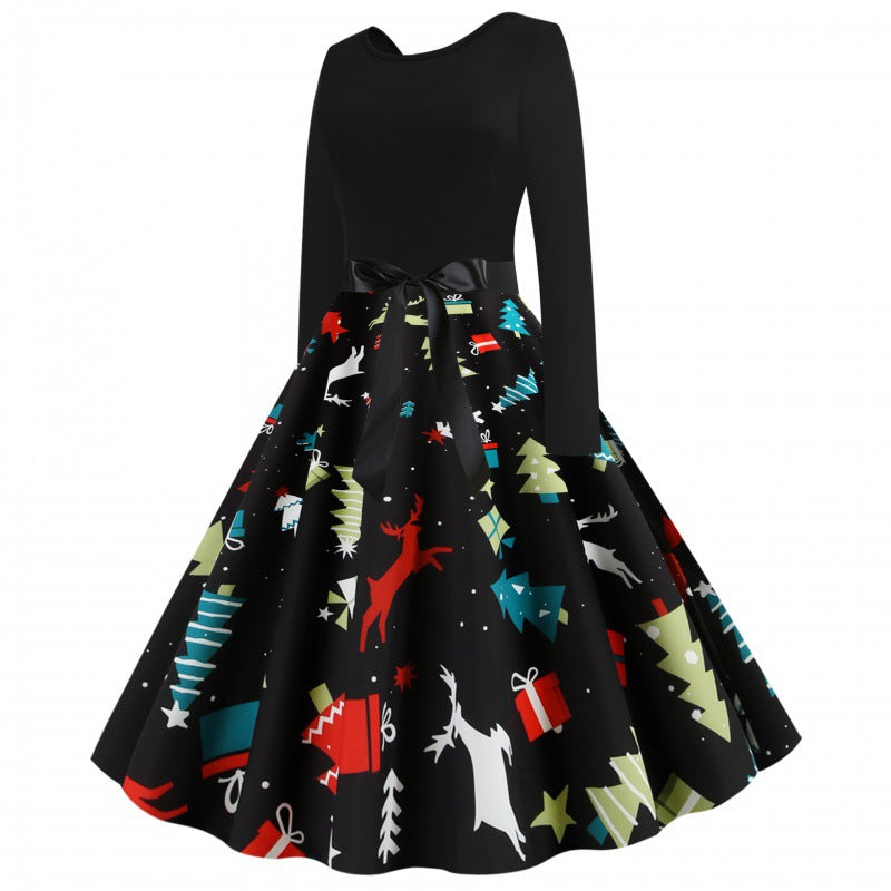 Damen Tailliertes Retro Kleid mit voluminösem Tellerrock und Weihnachtsprint Shop Nory