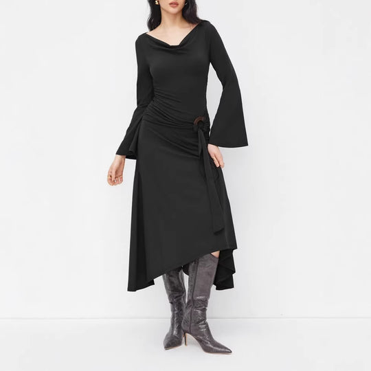 Damen Asymmetrisches Midikleid mit Wasserfallkragen, Glockenärmeln und seitlichem Ringdetail Shop Nory