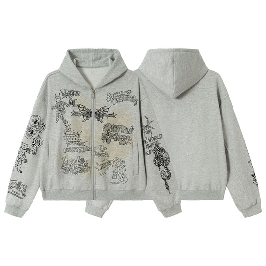 Damen Oversize-Kapuzenjacke mit Reißverschluss, hohem Kragen und grafischen Tattoo-Prints Shop Nory
