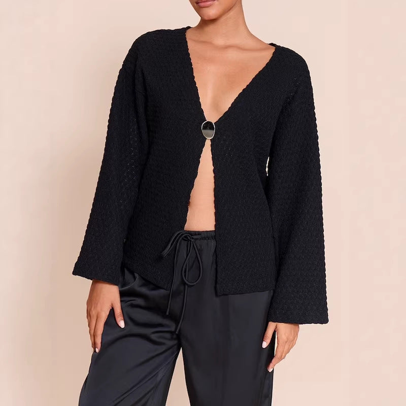 Damen Strukturierter Waffelstrick-Cardigan mit tiefem V‑Ausschnitt, Ein-Knopf-Verschluss und lässigen Oversize-Ärmeln Shop Nory