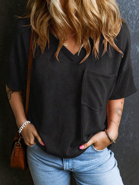 Damen Lässiges Rippstrick Oversize T-Shirt mit V-Ausschnitt und Brusttasche Shop Nory