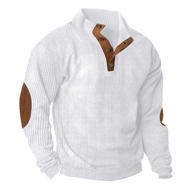 Herren nan robuster Rippstrick-Pullover mit Stehkragen, Knopfleiste und Leder-Ellenbogenpatches Shop Nory