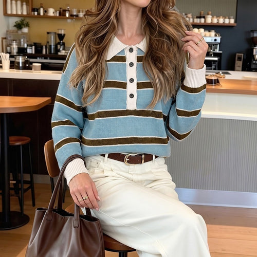 Damen Lässiges Streifenpullover mit Polokragen Shop Nory