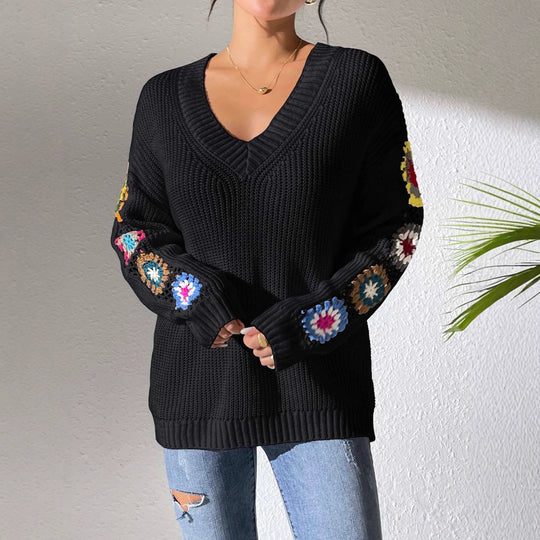 Damen Modischer Strickpullover mit V-Ausschnitt und bunten Stickereien