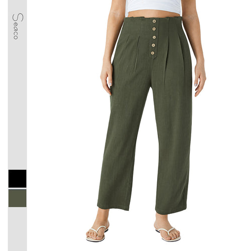 Damen Hochtaillierte Bundfalten-Leinenhose mit dekorativer Knopfleiste Shop Nory