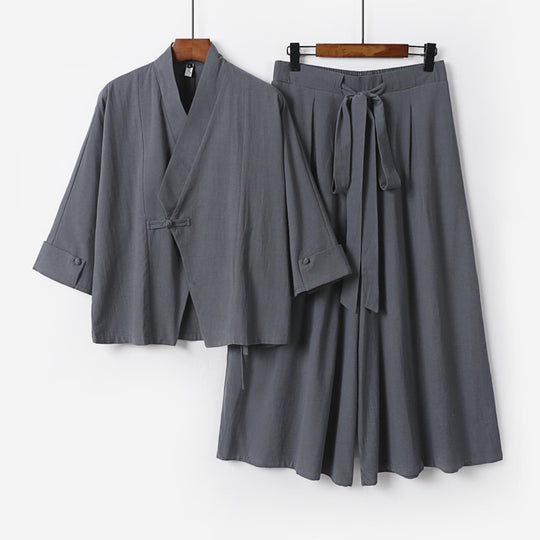 Damen Leichtes Kimono-Loungewear-Set mit V-Ausschnitt dreiviertelärmeln und weiten Palazzo-Hosen Shop Nory