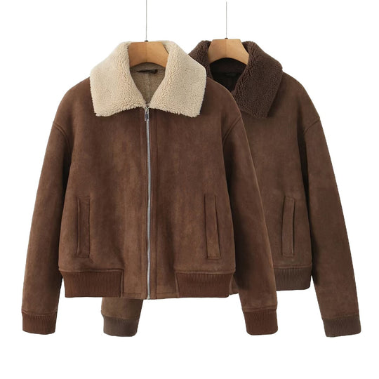 Damen Kurz geschnittene Teddy-gefütterte Wildlederoptik-Fliegerjacke mit Reißverschluss Shop Nory