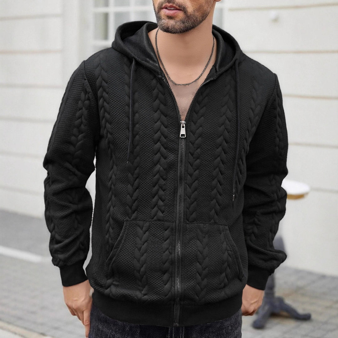Herren strukturierte Kapuzen-Sweatjacke mit Zopfmuster, durchgehendem Reißverschluss und Kängurutasche Shop Nory
