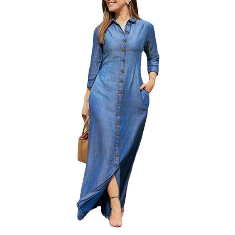 Damen Maxikleid Hemdblusenkleid mit Knopfleiste und Seitentaschen Shop Nory