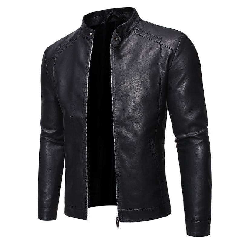 Herren Slim-Fit Lederoptik-Blouson im Racer-Minimalstil mit Druckknopf-Stehkragen Shop Nory