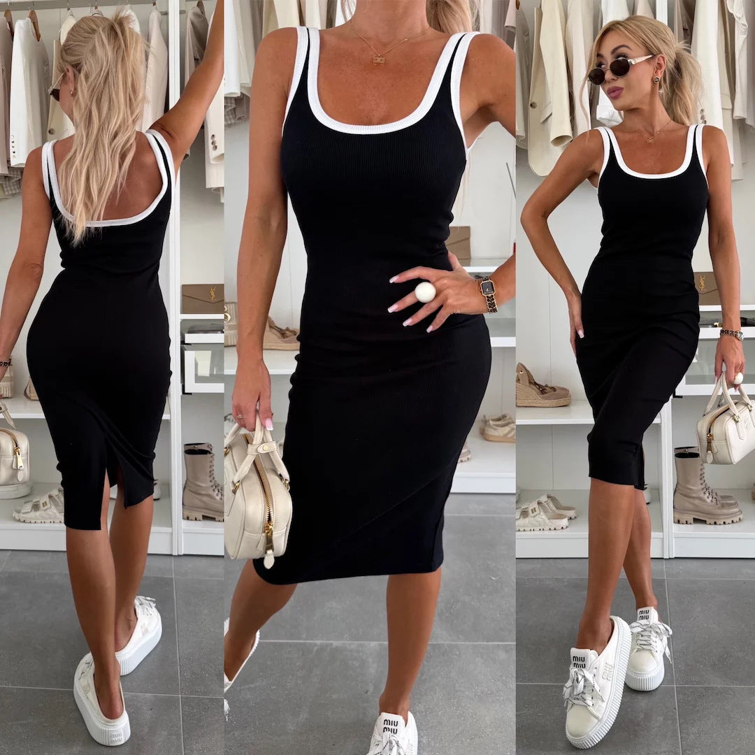 Damen figurbetontes Midi-Kleid mit breiten Trägern und schmalem Schnitt