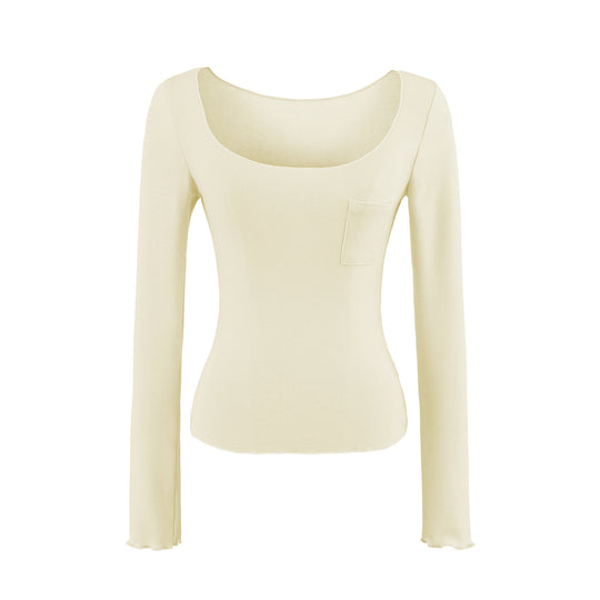 Damen Figurbetontes geripptes Langarmshirt mit weitem Quadrat-Ausschnitt und Brusttasche Shop Nory