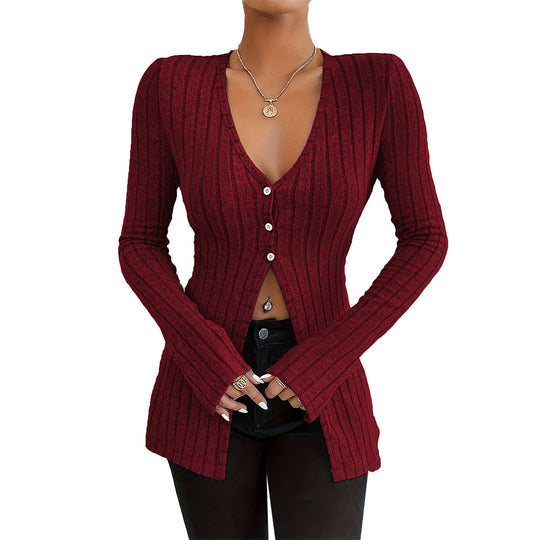 Damen gerippter V-Ausschnitt-Cardigan mit Knopfleiste taillierter Longline-Silhouette Shop Nory