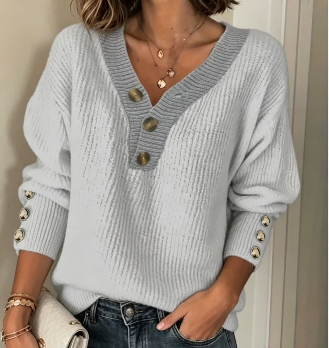 Damen Feinstrickpullover mit tiefem V-Ausschnitt, kontrastierter Knopfleiste und Zierknopf-Ärmeln Shop Nory