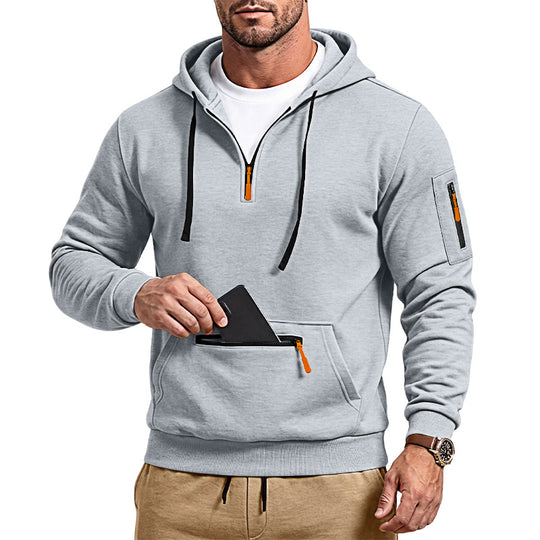 Herren sportlicher Kapuzenpullover mit halbem Reißverschluss und verschließbarer Kängurutasche Shop Nory