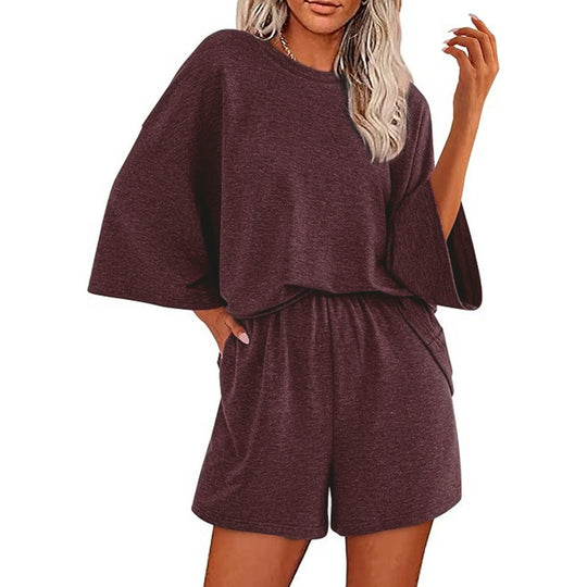 Damen Oversized Fledermaus Kurzarm Lounge Oberteil und Shorts Set mit Elastischem Bund Shop Nory