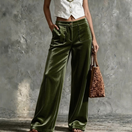 Damen Weite Samt-Palazzohose mit hoher Taille und aufgesetzten Taschen Shop Nory