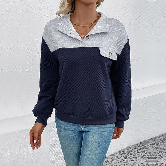 Damen Texturierter Colorblock-Sweatshirtpullover mit Hemdkragen, Knopfdetail und Strukturstrick Shop Nory