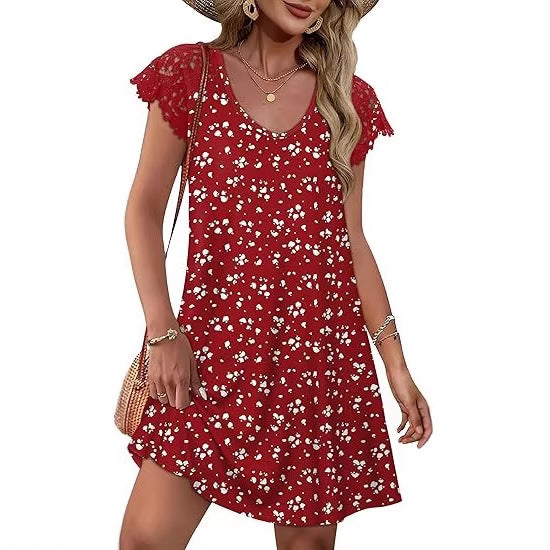 Damen Sommerkleid mit eleganten Spitzenärmeln und floralem Muster