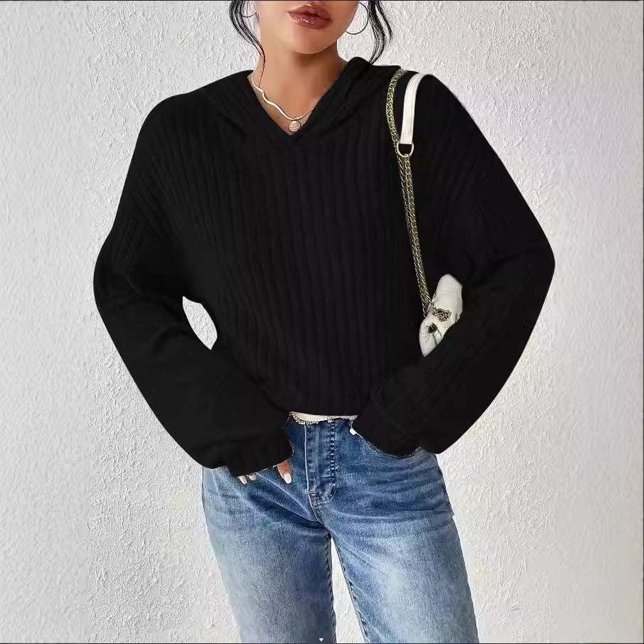 Damen Gerippter Hoodie-Pullover mit Kapuze und legerer Cropped-Silhouette Shop Nory