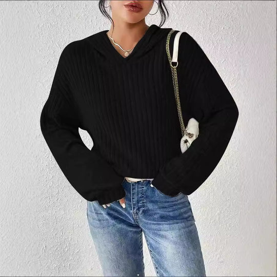 Damen Gerippter Hoodie-Pullover mit Kapuze und legerer Cropped-Silhouette Shop Nory