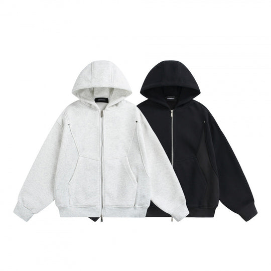 Unisex Boxy-Kapuzenjacke mit Zwei-Wege-Reißverschluss und geometrischen Nahtdetails Shop Nory