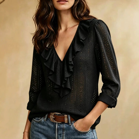 Damen nan luftige Ajourspitzenbluse mit V-Ausschnitt und Volant Shop Nory