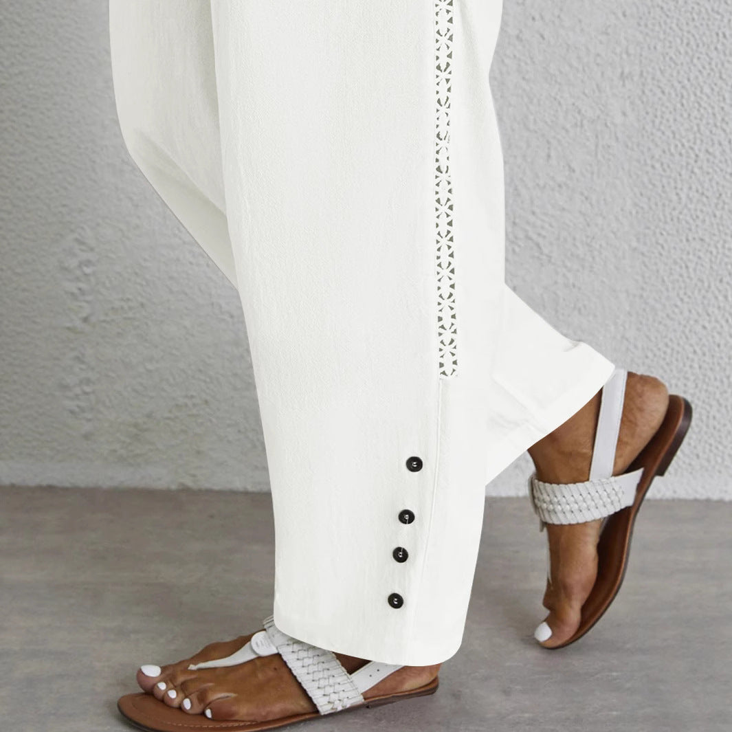 Damen Leichte Palazzo-Hose mit Gummibund, Tunnelzug und Zierknopf-Detail Shop Nory