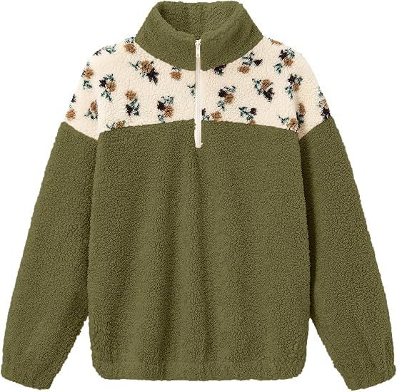 Damen Teddy-Fleece-Pullover mit Stehkragen, floralem Besatz und halbem Reißverschluss Shop Nory