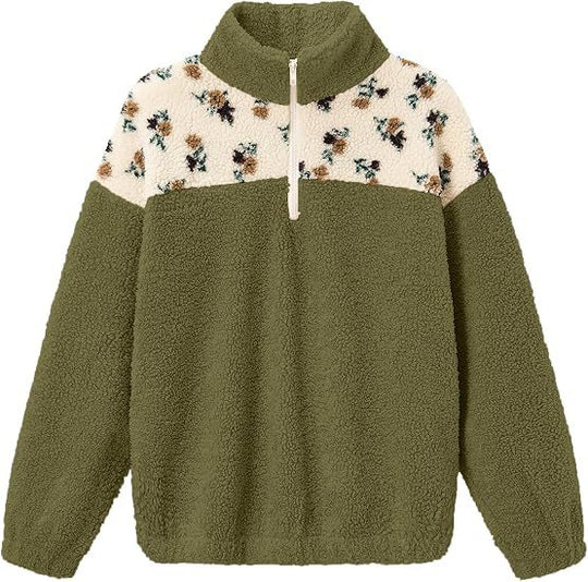 Damen Teddy-Fleece-Pullover mit Stehkragen, floralem Besatz und halbem Reißverschluss Shop Nory