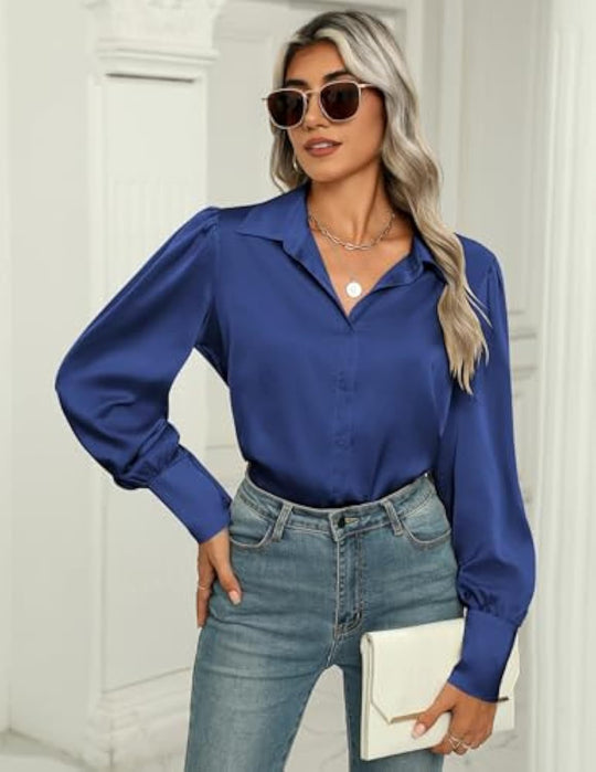 Damen Seidenoptik-Bluse mit Hemdkragen, verdeckter Knopfleiste und langen Manschetten Shop Nory